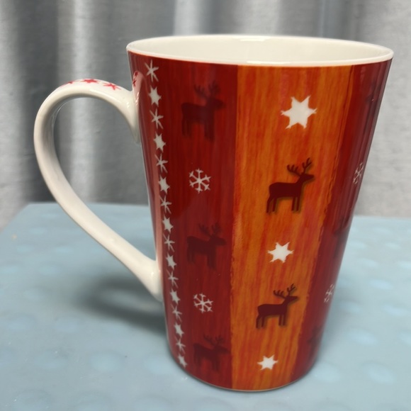 Tall 14 oz. Konitz Mug Reindeer Stars Snowflakes Red Orange White 4 7/8” Germany - Picture 2 of 10